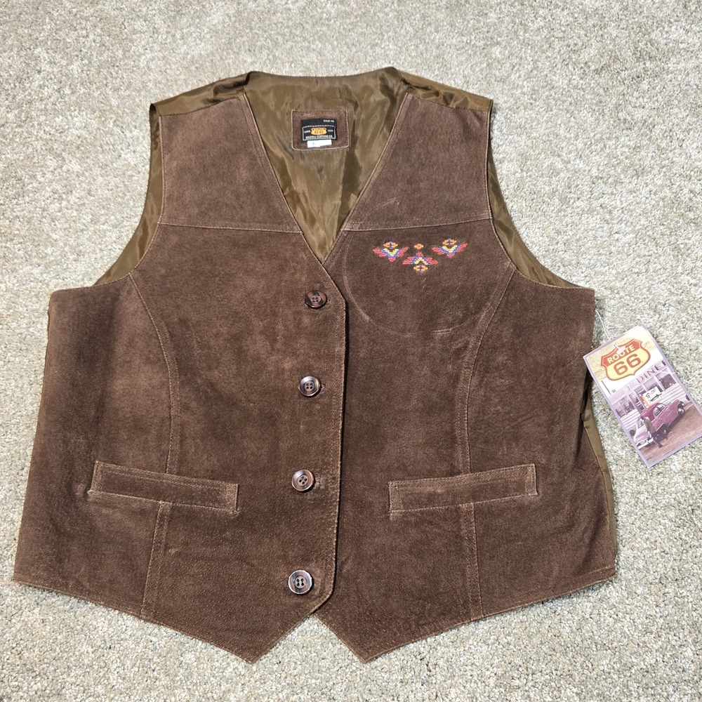 Route 66  Suede Leather Vintage Vest Womens Size L‎ Brown  Western Embroidered